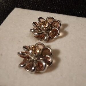 Vintage Silver & Pink Cushion Cut Crystal Flower Stud Earrings